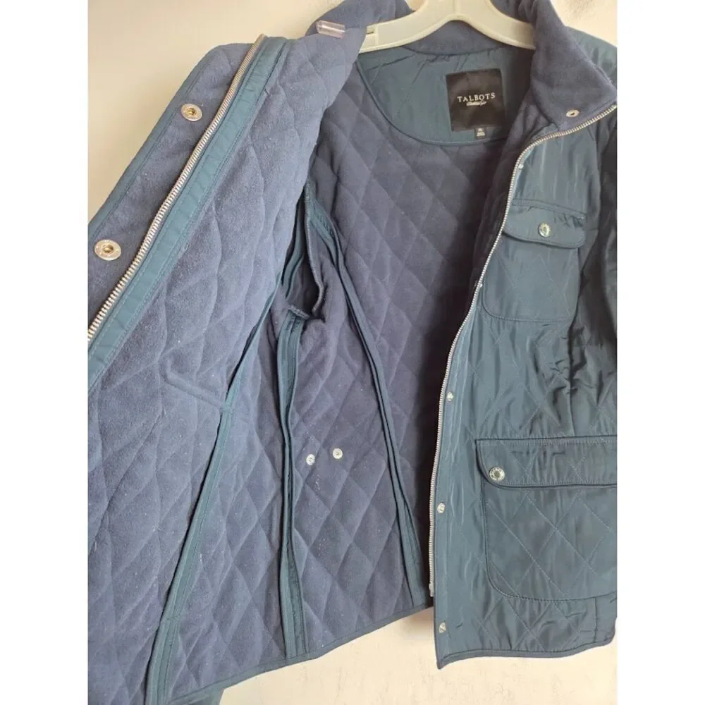 Talbots Blue Green Quilted Multi Pocket Full Zipper Snap Button Jacket size XL